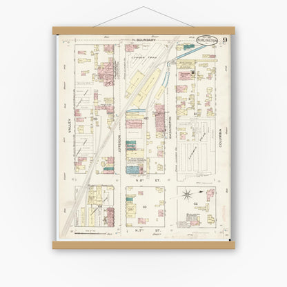 Old map wall art mockup — magnetic wood frame on white wall — Sanborn Fire Insurance Map from Burlington, Des Moines County, Iowa (1888), Sheet #0009
