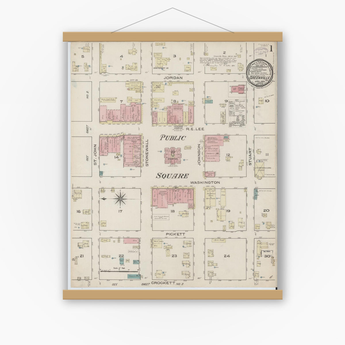 Old map wall art mockup — magnetic wood frame on white wall — Sanborn Fire Insurance Map from Greenville, Hunt County, Texas (1885) - Complete Map Set