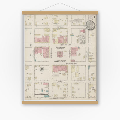 Old map wall art mockup — magnetic wood frame on white wall — Sanborn Fire Insurance Map from Greenville, Hunt County, Texas (1885) - Complete Map Set