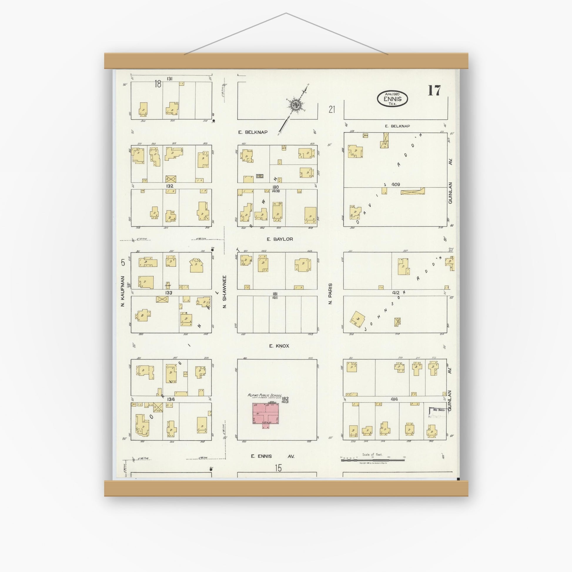 Old map wall art mockup — magnetic wood frame on white wall — Sanborn Fire Insurance Map from Ennis, Ellis County, Texas (1920), Sheet #0017