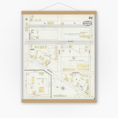 Old map wall art mockup — magnetic wood frame on white wall — Sanborn Fire Insurance Map from San Antonio, Bexar County, Texas (1892), Sheet #0024