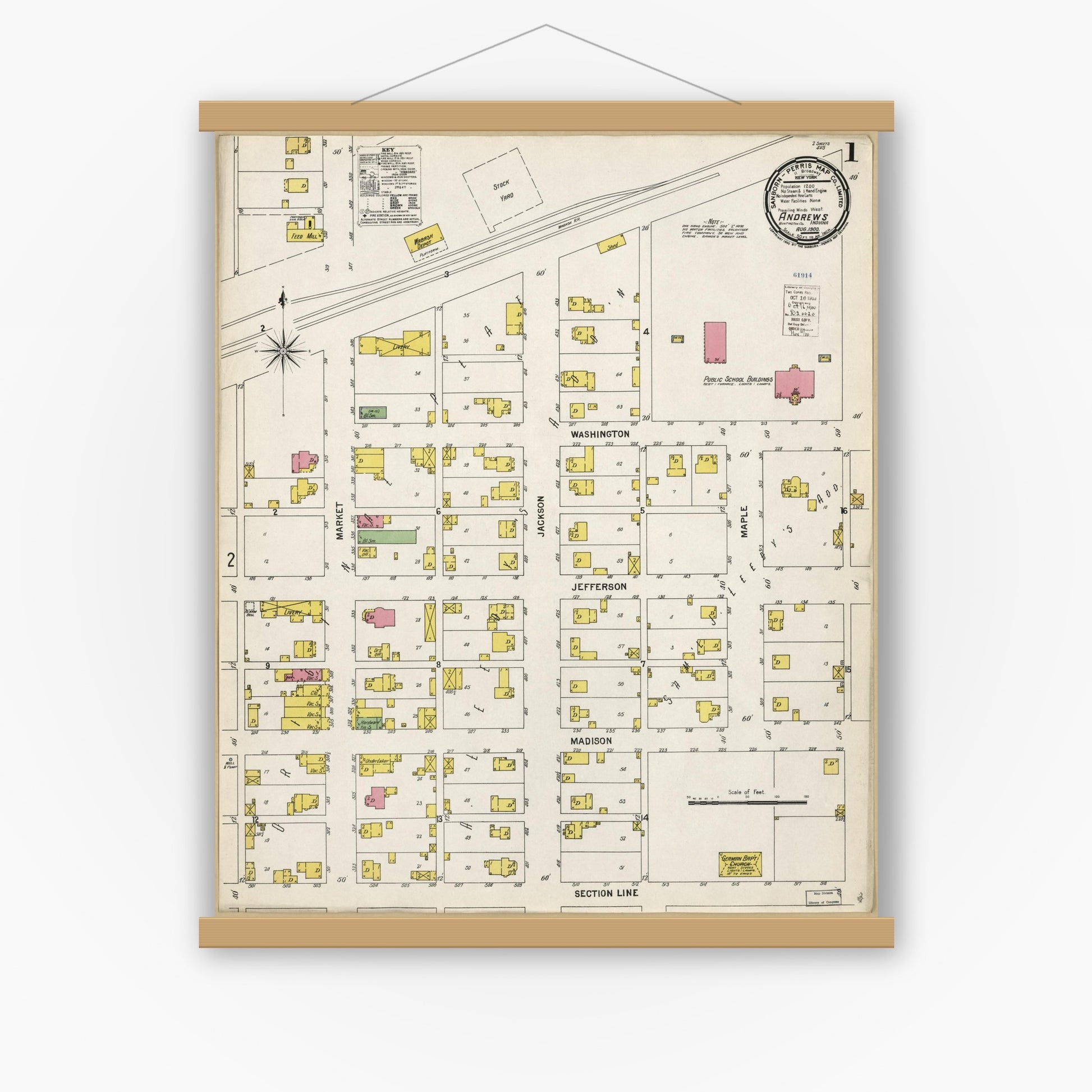 Old map wall art mockup — magnetic wood frame on white wall — Sanborn Fire Insurance Map from Andrews, Huntington County, Indiana (1900), Sheet #0001