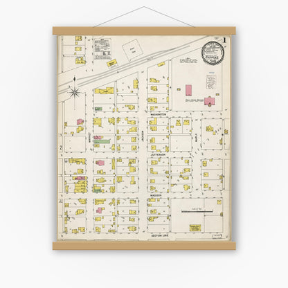 Old map wall art mockup — magnetic wood frame on white wall — Sanborn Fire Insurance Map from Andrews, Huntington County, Indiana (1900), Sheet #0001