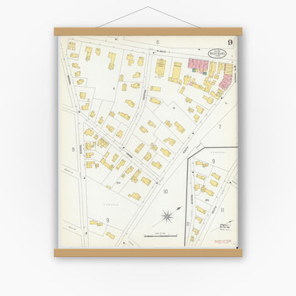 Old map wall art mockup — magnetic wood frame on white wall — Sanborn Fire Insurance Map from Westboro, Worcester County, Massachusetts (1904), Sheet #0009