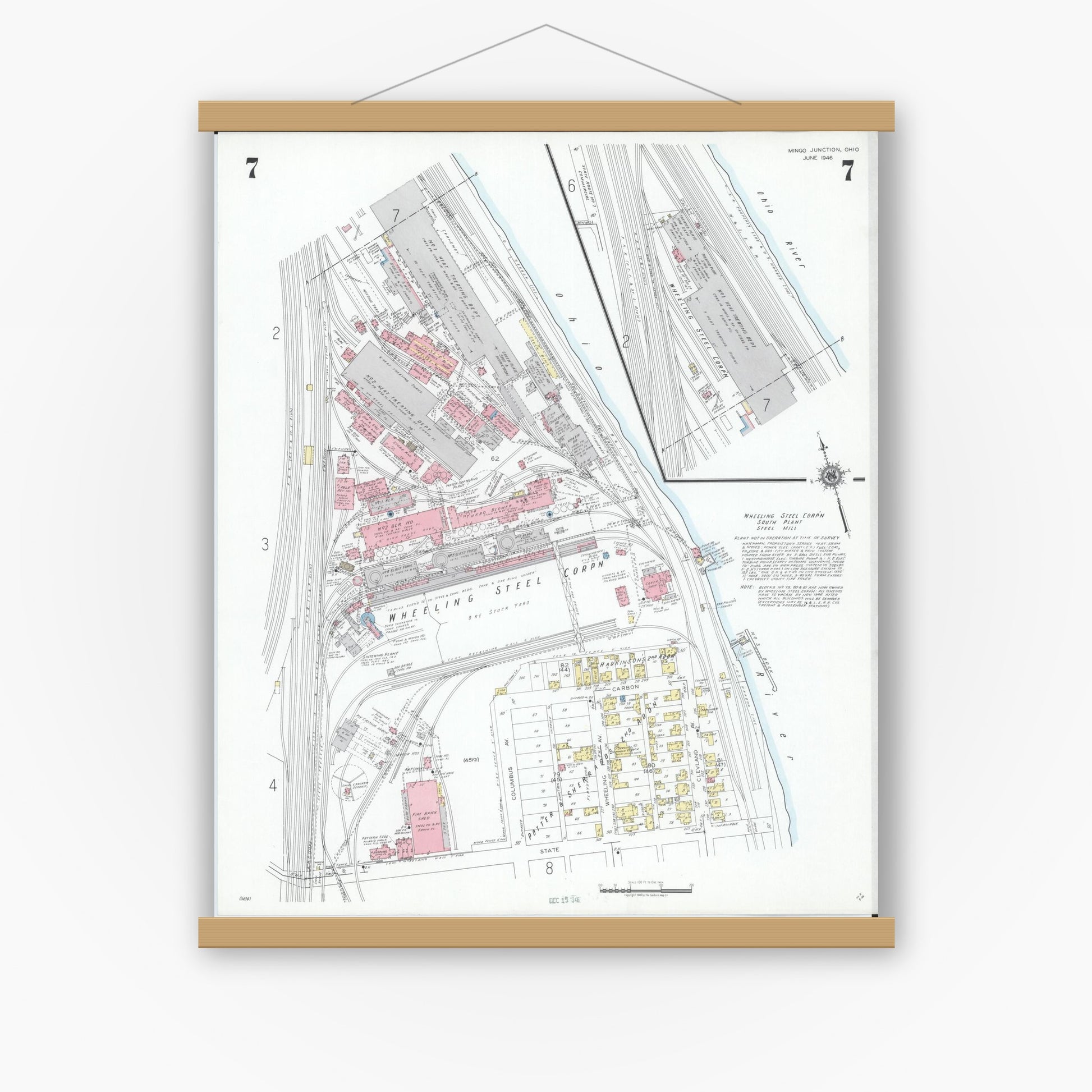 Old map wall art mockup — magnetic wood frame on white wall — Sanborn Fire Insurance Map from Mingo Junction, Jefferson County, Ohio (1946), Sheet #0007