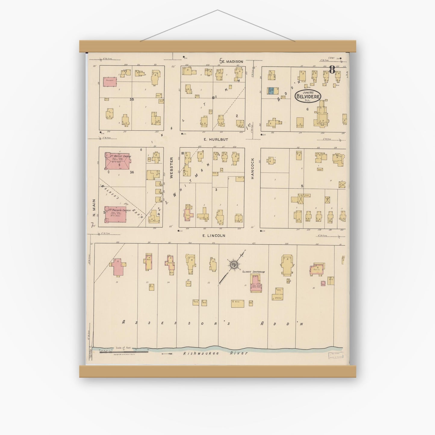 Old map wall art mockup — magnetic wood frame on white wall — Sanborn Fire Insurance Map from Belvidere, Boone County, Illinois (1922), Sheet #0008