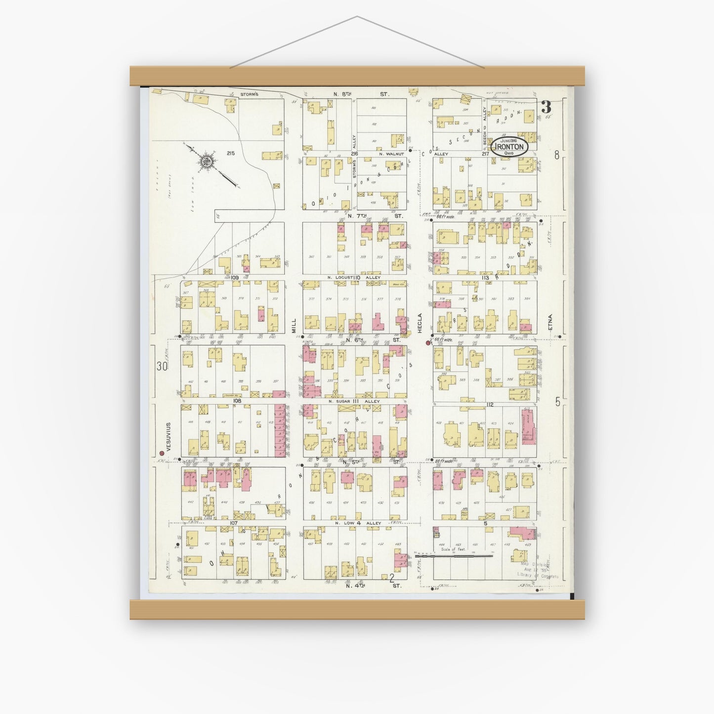 Old map wall art mockup — magnetic wood frame on white wall — Sanborn Fire Insurance Map from Ironton, Lawrence County, Ohio (1916), Sheet #0003