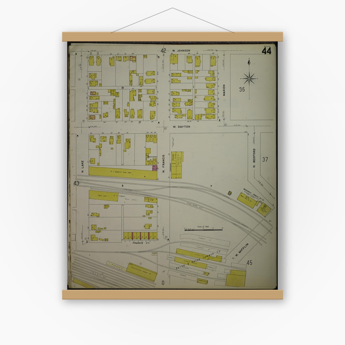 Old map wall art mockup — magnetic wood frame on white wall — Sanborn Fire Insurance Map from Madison, Dane County, Wisconsin (1908), Sheet #0044
