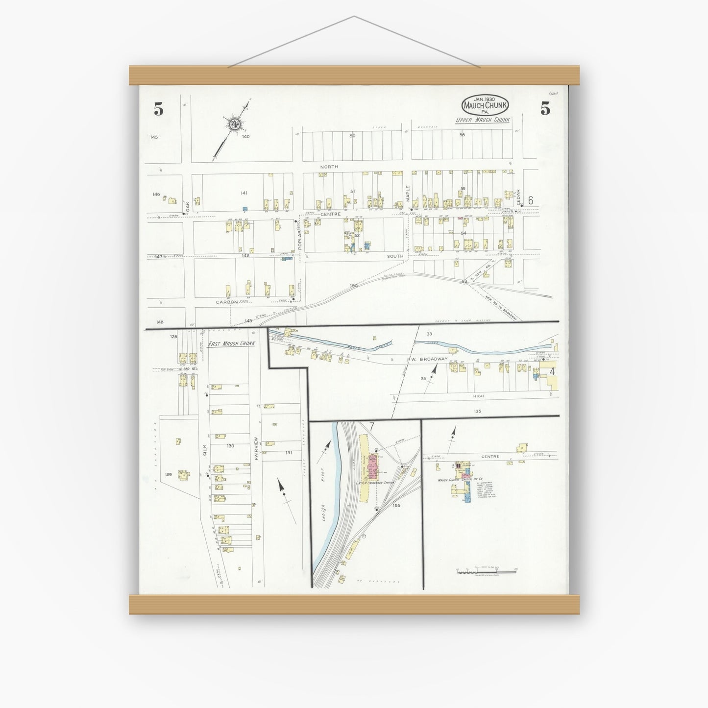 Old map wall art mockup — magnetic wood frame on white wall — Sanborn Fire Insurance Map from Mauch Chunk, Carbon County, Pennsylvania (1930), Sheet #0005