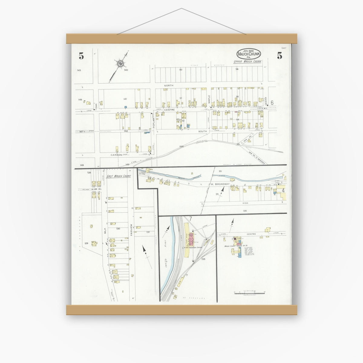 Old map wall art mockup — magnetic wood frame on white wall — Sanborn Fire Insurance Map from Mauch Chunk, Carbon County, Pennsylvania (1930), Sheet #0005