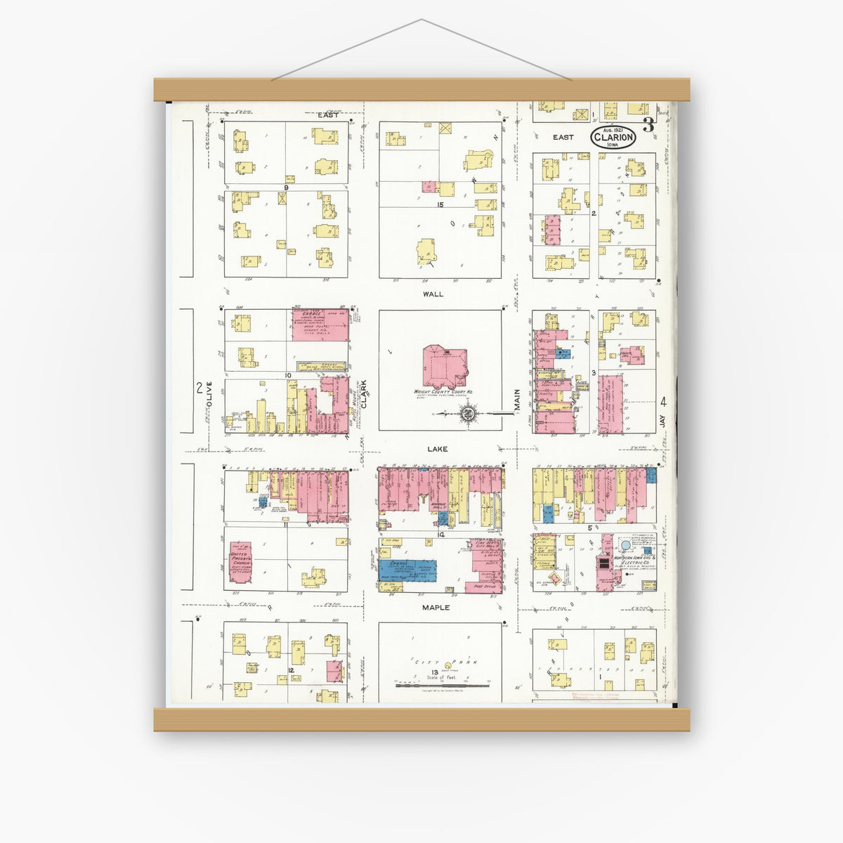 Old map wall art mockup — magnetic wood frame on white wall — Sanborn Fire Insurance Map from Clarion, Wright County, Iowa (1921), Sheet #0003