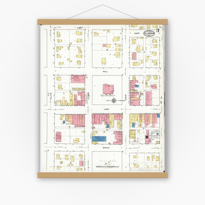 Old map wall art mockup — magnetic wood frame on white wall — Sanborn Fire Insurance Map from Clarion, Wright County, Iowa (1921), Sheet #0003