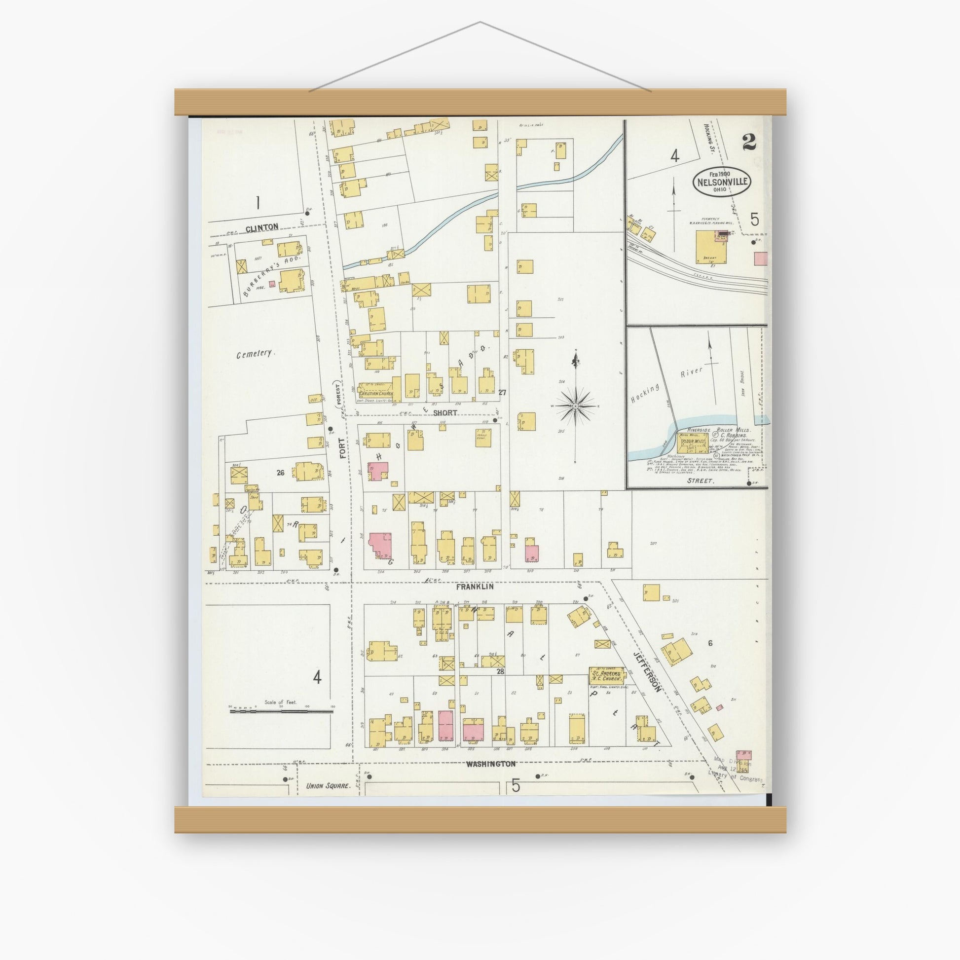 Old map wall art mockup — magnetic wood frame on white wall — Sanborn Fire Insurance Map from Nelsonville, Athens County, Ohio (1900), Sheet #0002
