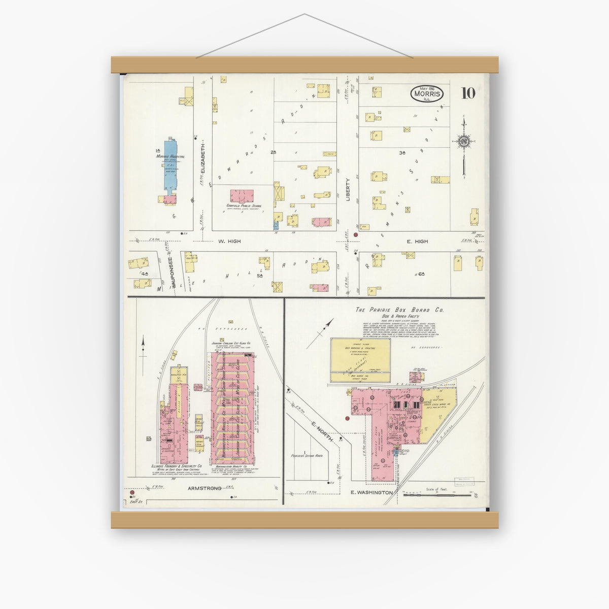 Old map wall art mockup — magnetic wood frame on white wall — Sanborn Fire Insurance Map from Morris, Grundy County, Illinois (1916), Sheet #0010