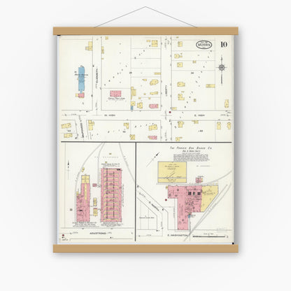 Old map wall art mockup — magnetic wood frame on white wall — Sanborn Fire Insurance Map from Morris, Grundy County, Illinois (1916), Sheet #0010