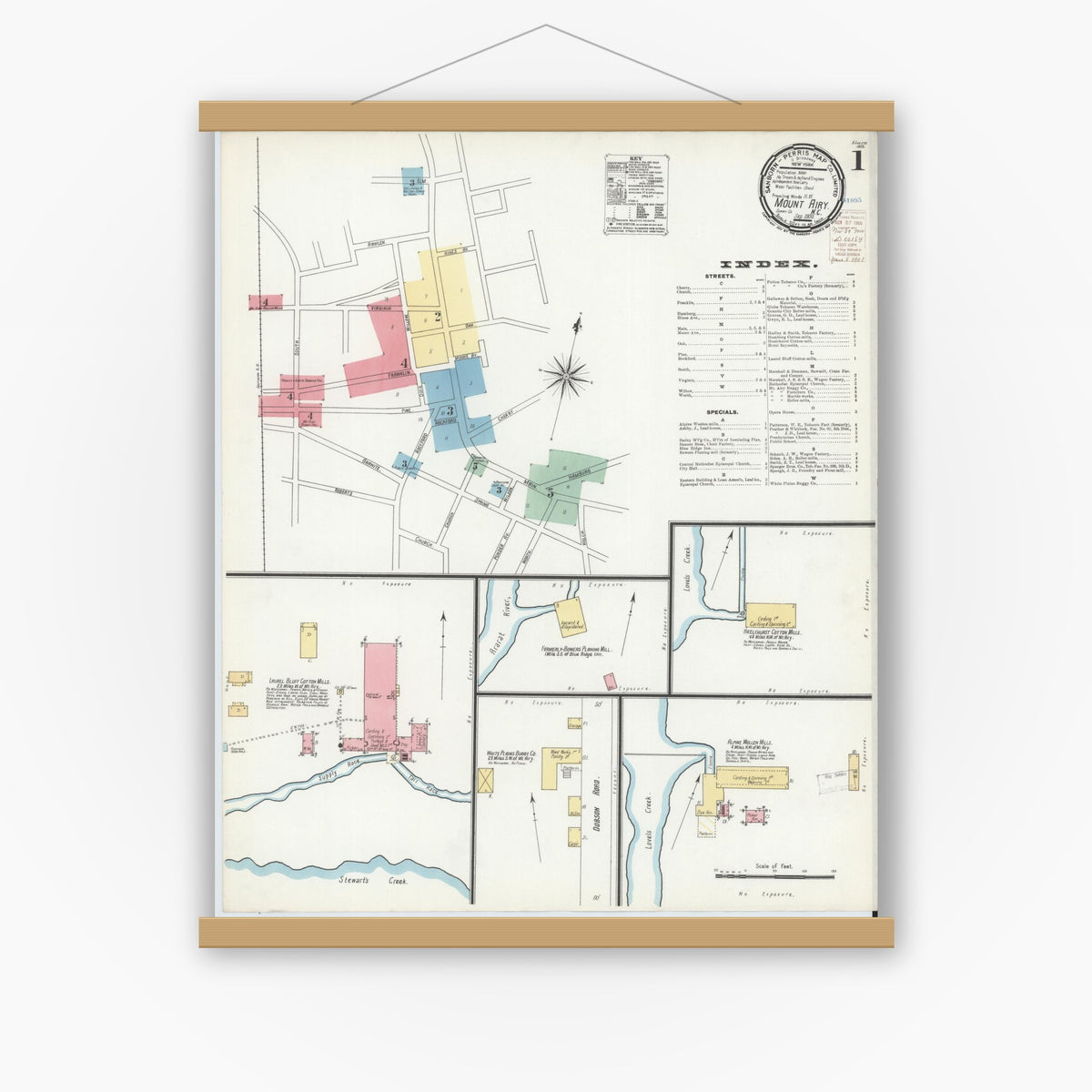Old map wall art mockup — magnetic wood frame on white wall — Sanborn Fire Insurance Map from Mount Airy, Surry County, North Carolina (1900) - Complete Map Set