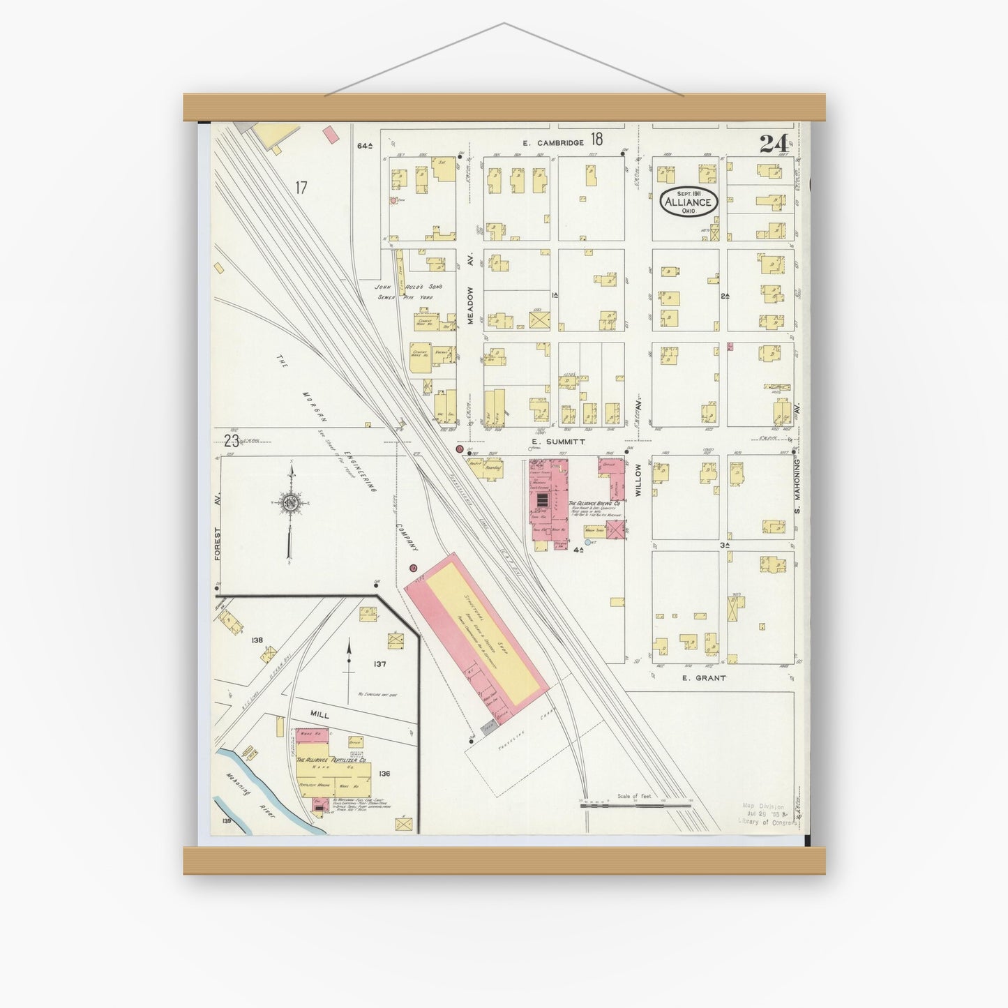Old map wall art mockup — magnetic wood frame on white wall — Sanborn Fire Insurance Map from Alliance, Stark County, Ohio (1911), Sheet #0024