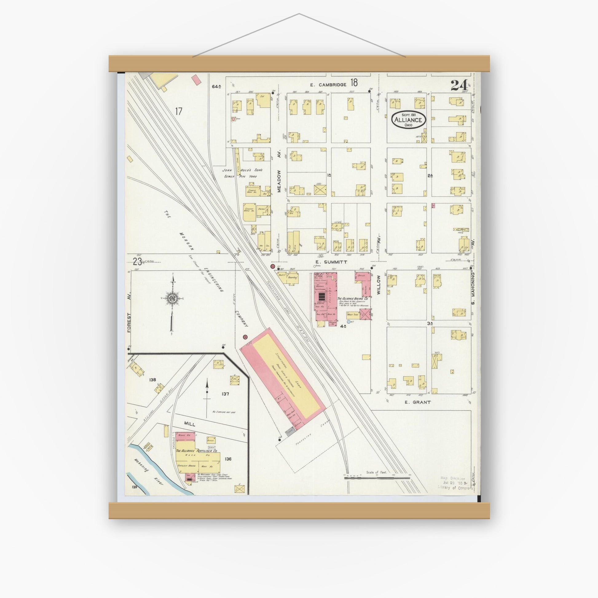 Old map wall art mockup — magnetic wood frame on white wall — Sanborn Fire Insurance Map from Alliance, Stark County, Ohio (1911), Sheet #0024