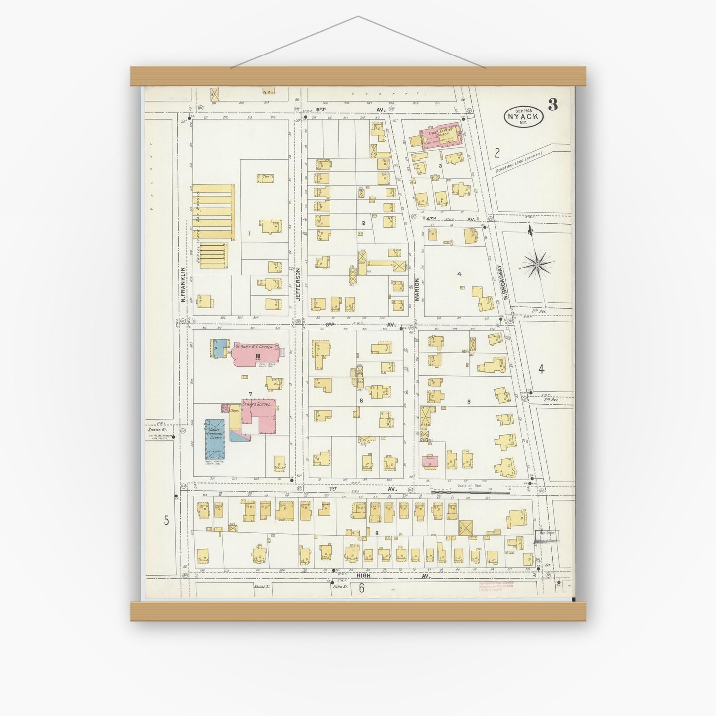 Old map wall art mockup — magnetic wood frame on white wall — Sanborn Fire Insurance Map from Nyack, Rockland County, New York. (1903), Sheet #0003