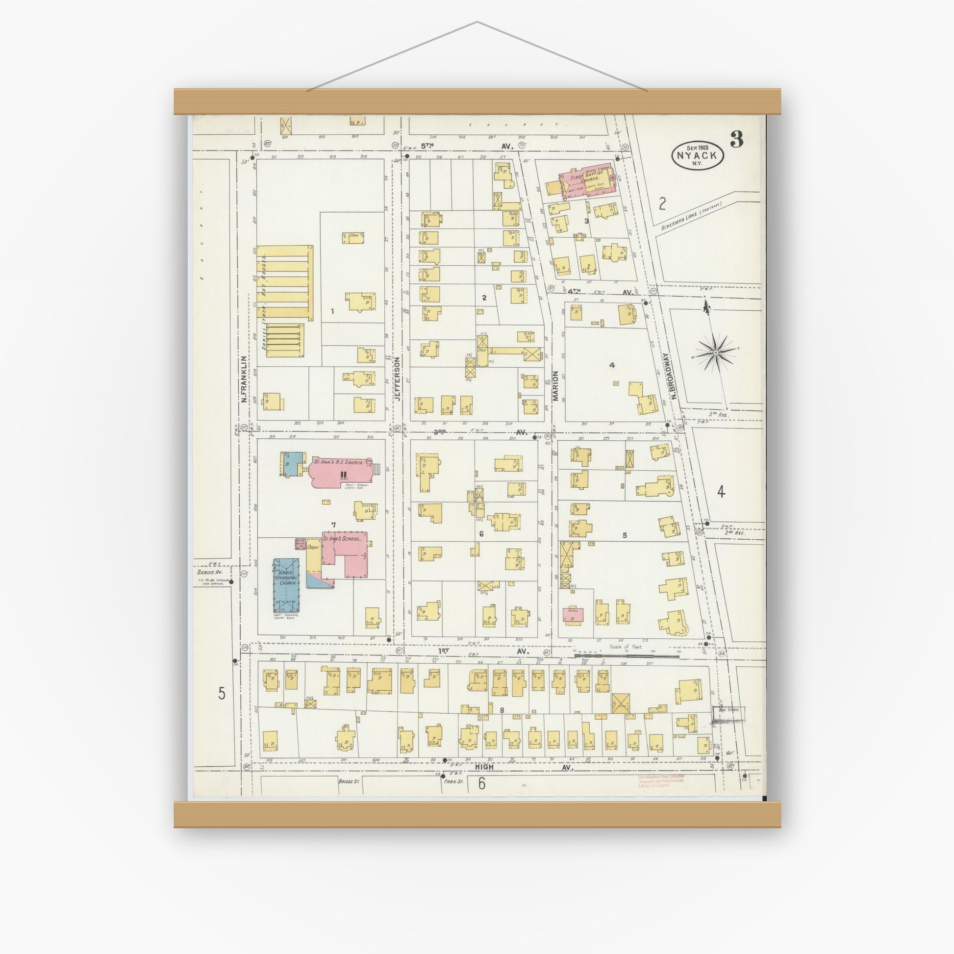 Old map wall art mockup — magnetic wood frame on white wall — Sanborn Fire Insurance Map from Nyack, Rockland County, New York. (1903), Sheet #0003