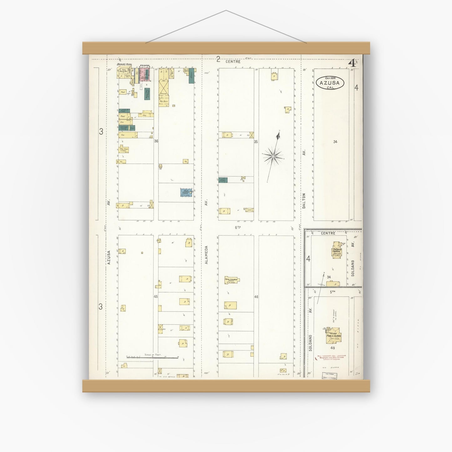 Old map wall art mockup — magnetic wood frame on white wall — Sanborn Fire Insurance Map from Azusa, Los Angeles County, California (1899), Sheet #0004