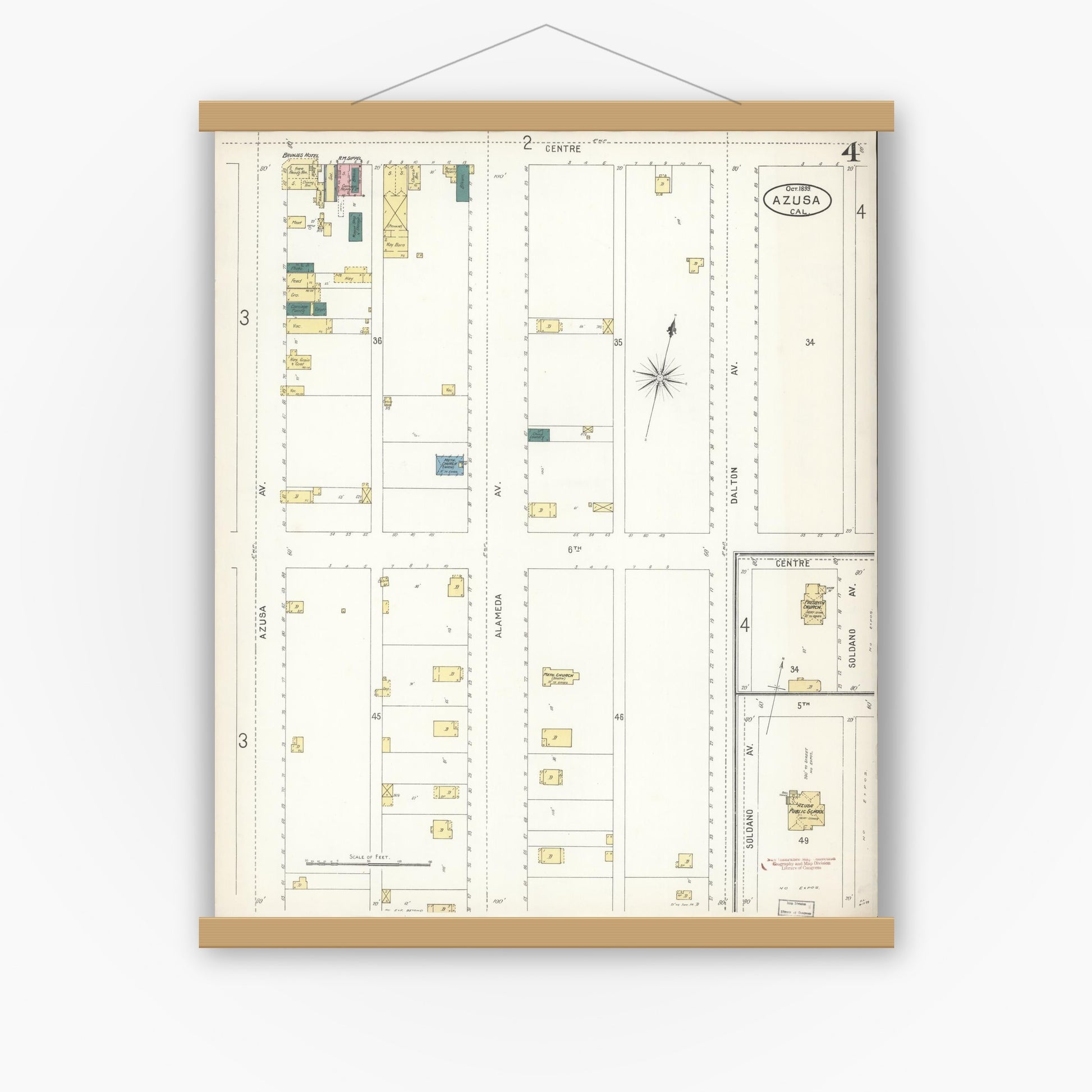 Old map wall art mockup — magnetic wood frame on white wall — Sanborn Fire Insurance Map from Azusa, Los Angeles County, California (1899), Sheet #0004