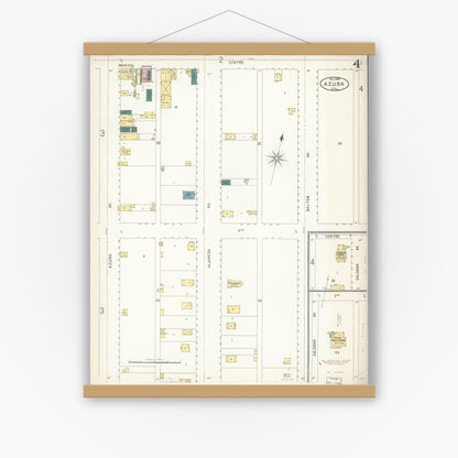 Old map wall art mockup — magnetic wood frame on white wall — Sanborn Fire Insurance Map from Azusa, Los Angeles County, California (1899), Sheet #0004