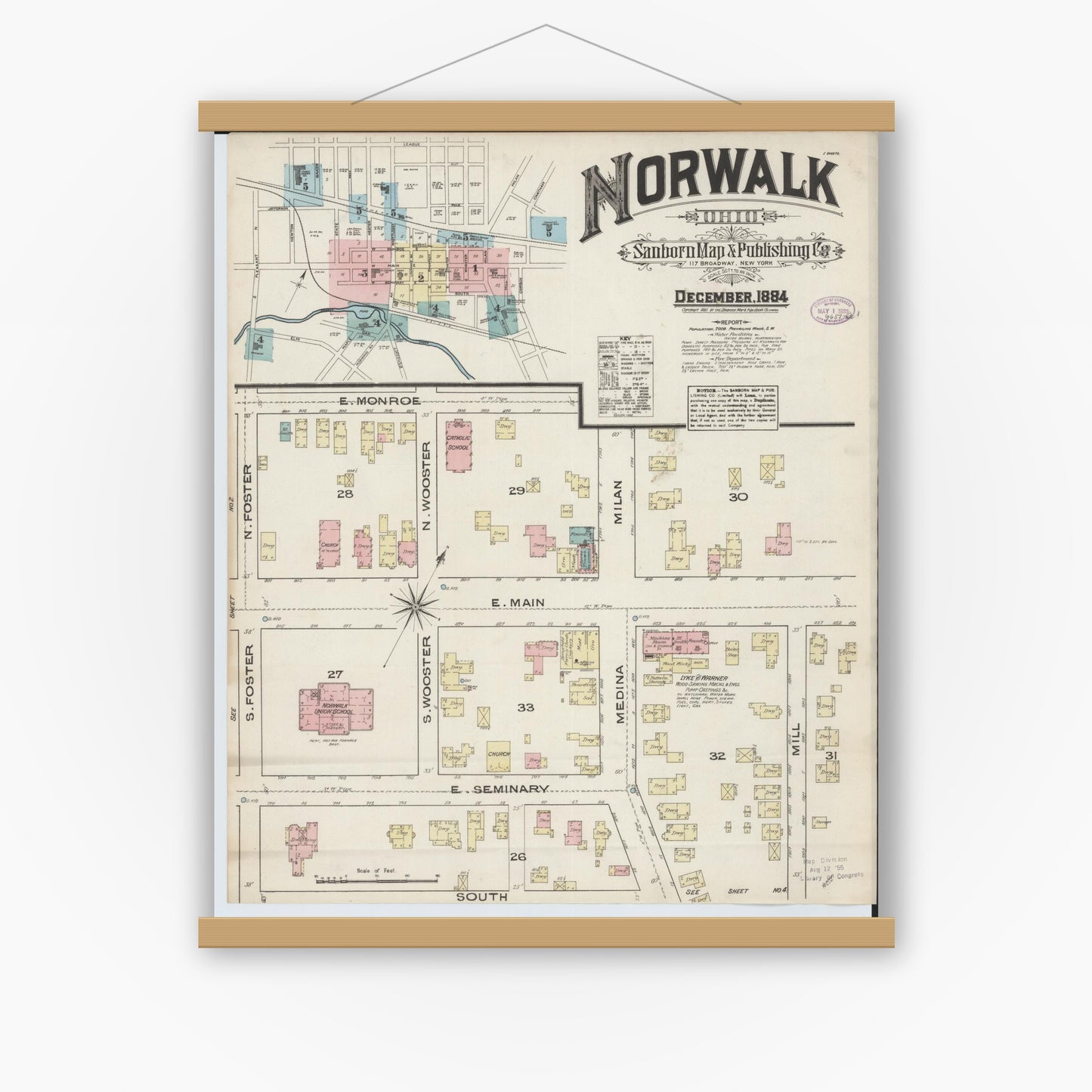 Old map wall art mockup — magnetic wood frame on white wall — Sanborn Fire Insurance Map from Norwalk, Huron County, Ohio (1884), Sheet #0001