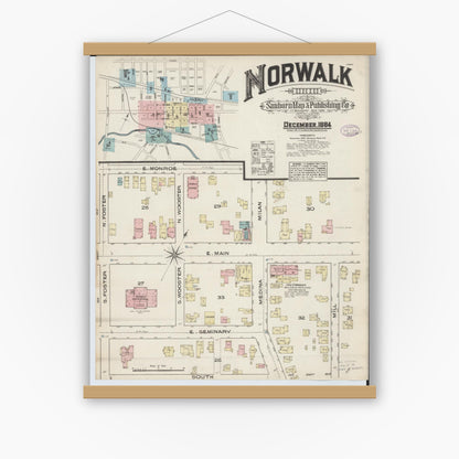 Old map wall art mockup — magnetic wood frame on white wall — Sanborn Fire Insurance Map from Norwalk, Huron County, Ohio (1884), Sheet #0001