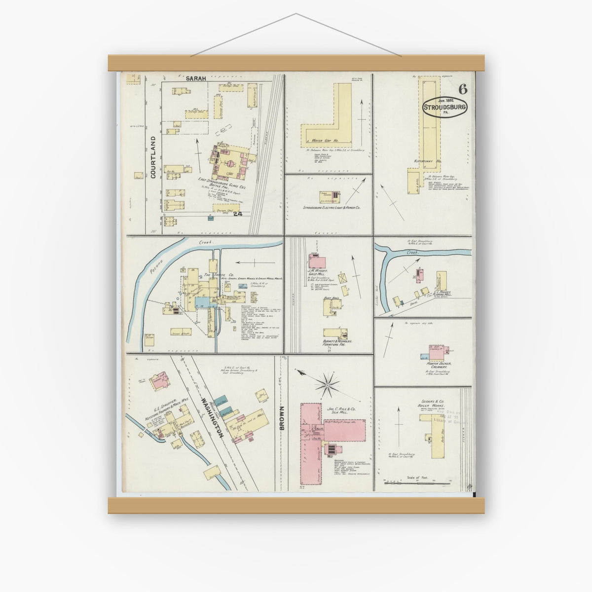 Old map wall art mockup — magnetic wood frame on white wall — Sanborn Fire Insurance Map from Stroudsburg, Monroe County, Pennsylvania (1892), Sheet #0006