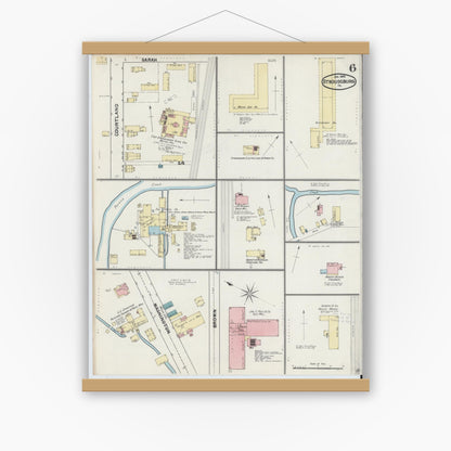 Old map wall art mockup — magnetic wood frame on white wall — Sanborn Fire Insurance Map from Stroudsburg, Monroe County, Pennsylvania (1892), Sheet #0006