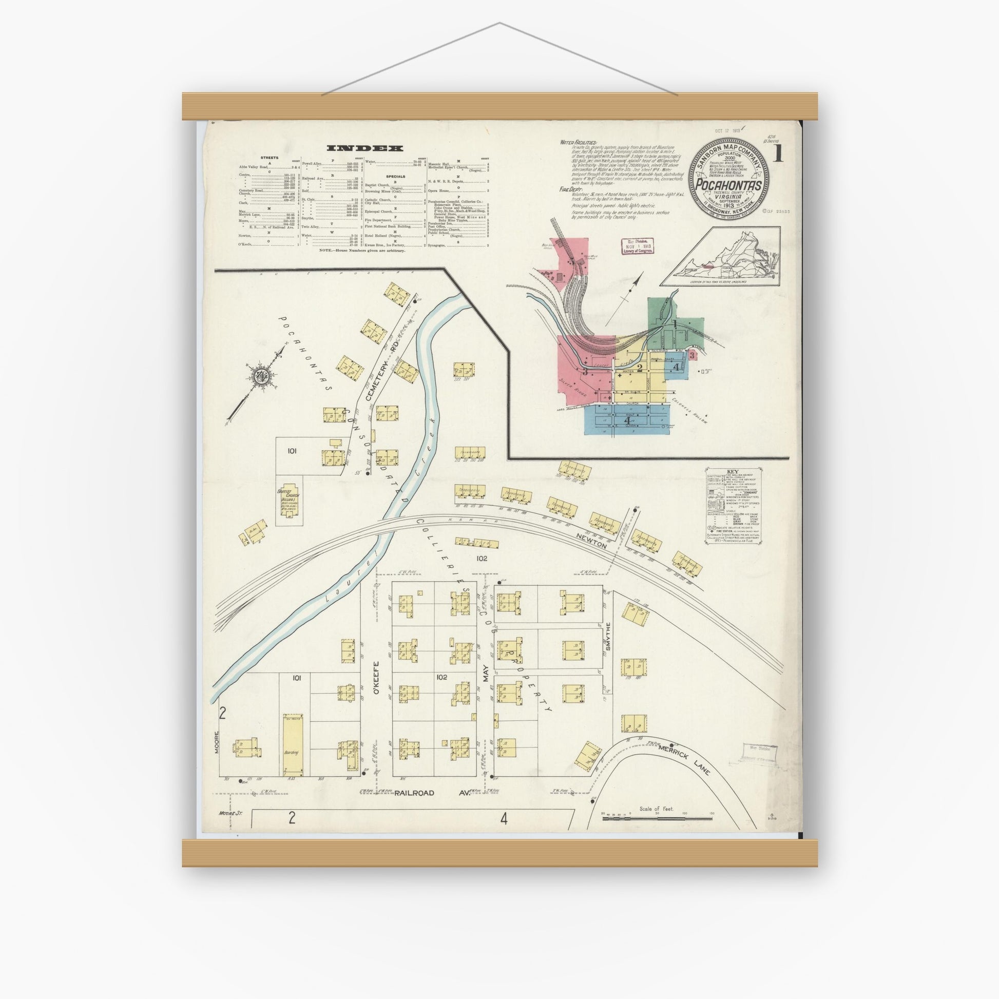 Old map wall art mockup — magnetic wood frame on white wall — Sanborn Fire Insurance Map from Pocahontas, Tazewell County, Virginia (1913) - Complete Map Set