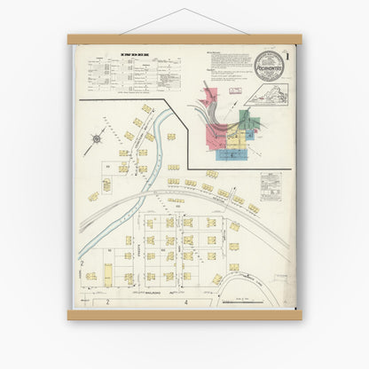 Old map wall art mockup — magnetic wood frame on white wall — Sanborn Fire Insurance Map from Pocahontas, Tazewell County, Virginia (1913) - Complete Map Set