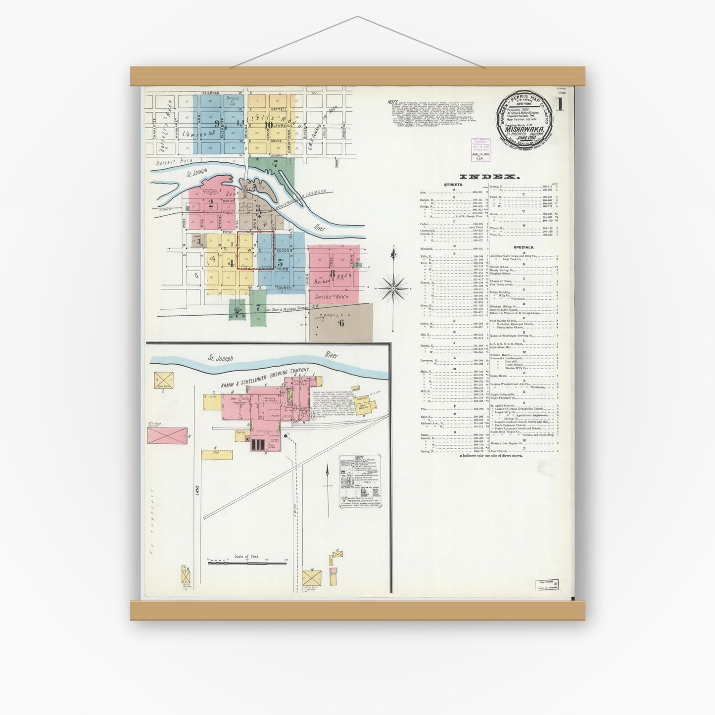 Old map wall art mockup — magnetic wood frame on white wall — Sanborn Fire Insurance Map from Mishawaka, Saint Joseph County, Indiana (1901) - Complete Map Set