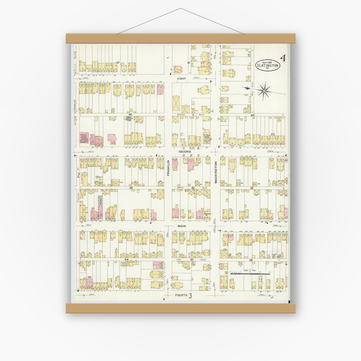 Old map wall art mockup — magnetic wood frame on white wall — Sanborn Fire Insurance Map from Slatington, Lehigh County, Pennsylvania (1908), Sheet #0004