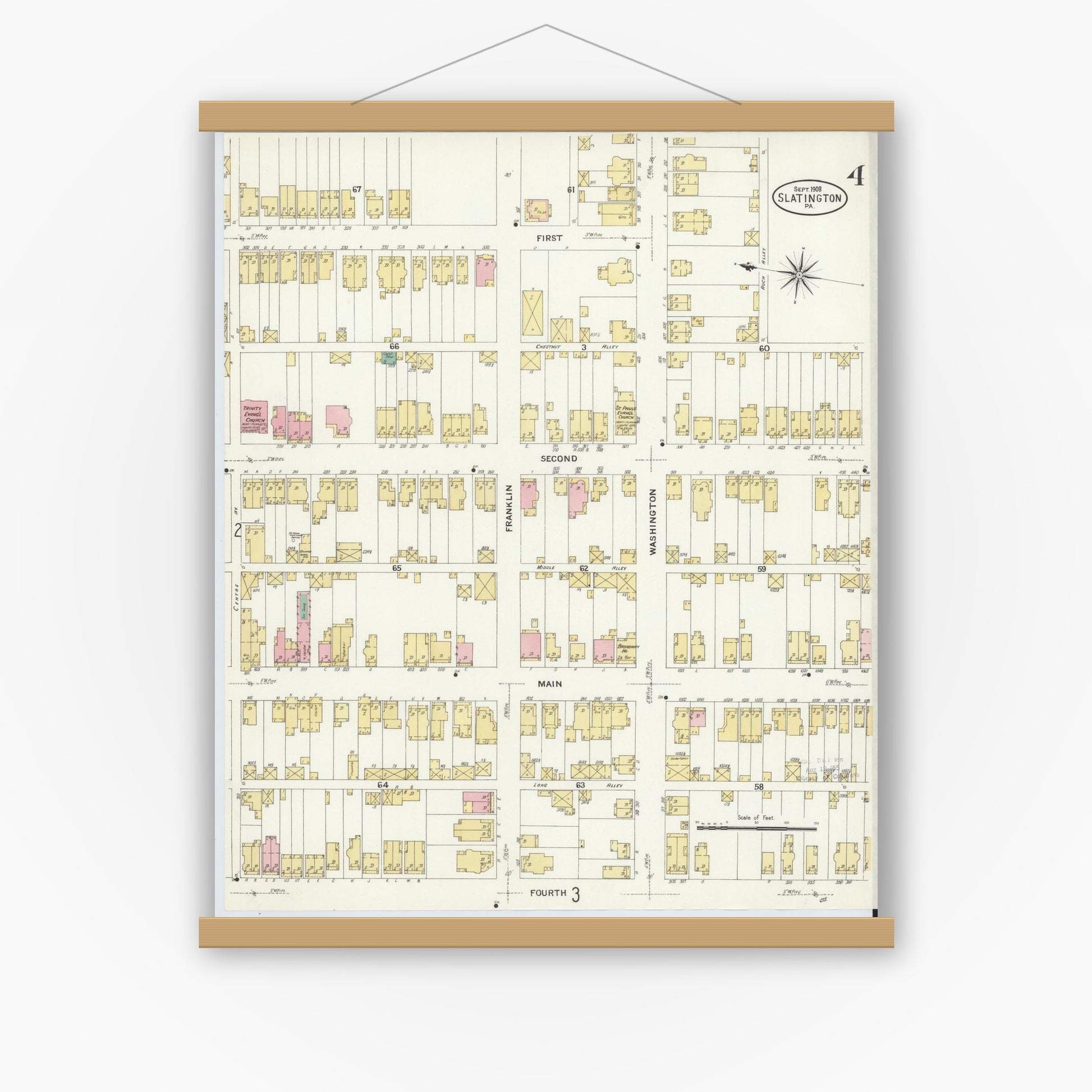Old map wall art mockup — magnetic wood frame on white wall — Sanborn Fire Insurance Map from Slatington, Lehigh County, Pennsylvania (1908), Sheet #0004