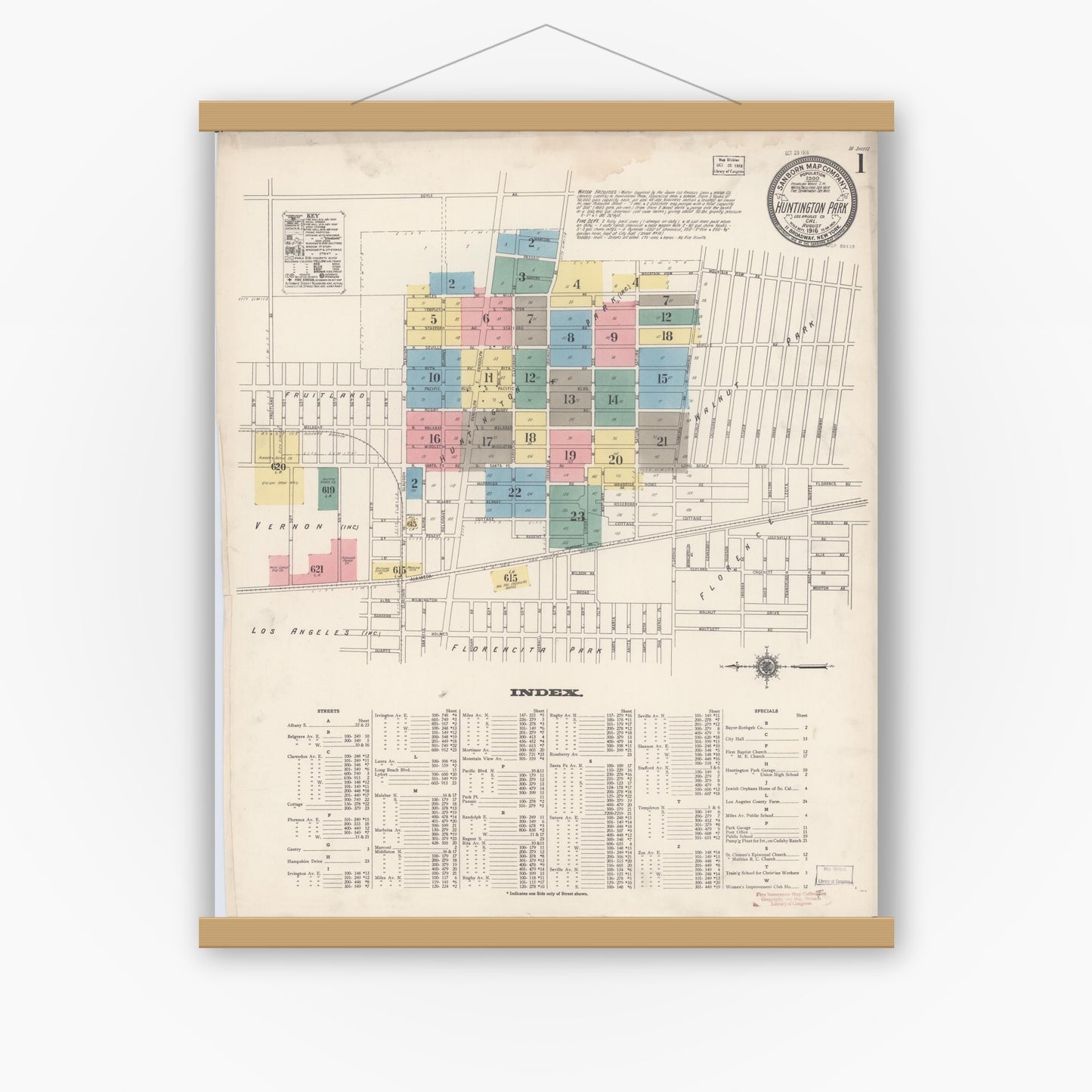 Old map wall art mockup — magnetic wood frame on white wall — Sanborn Fire Insurance Map from Huntington Park, Los Angeles County, California (1916), Sheet #0001