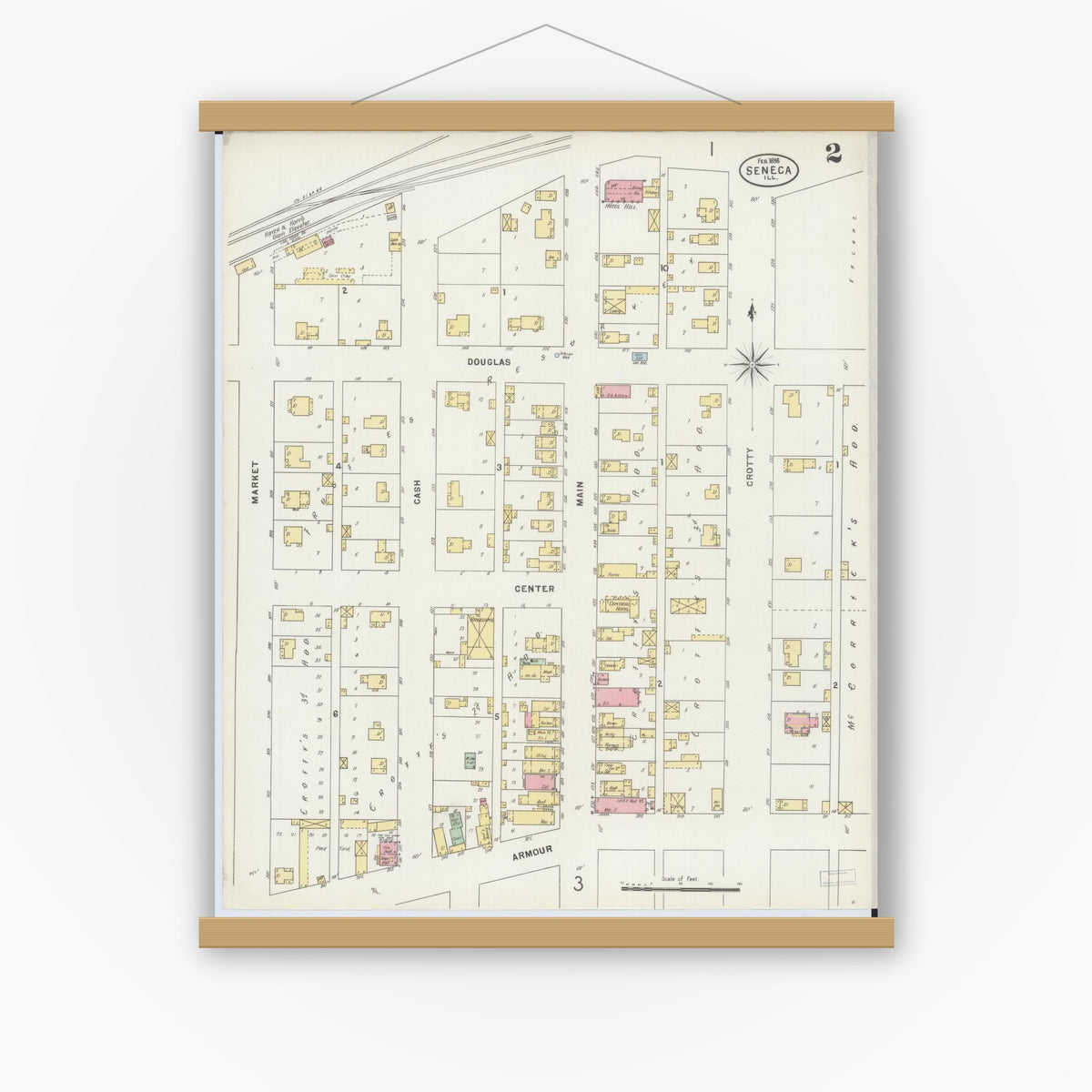 Old map wall art mockup — magnetic wood frame on white wall — Sanborn Fire Insurance Map from Seneca, La Salle County, Illinois (1898), Sheet #0002