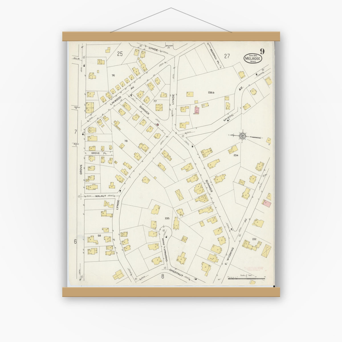 Old map wall art mockup — magnetic wood frame on white wall — Sanborn Fire Insurance Map from Melrose, Middlesex County, Massachusetts (1915), Sheet #0009