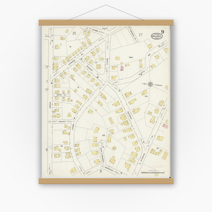 Old map wall art mockup — magnetic wood frame on white wall — Sanborn Fire Insurance Map from Melrose, Middlesex County, Massachusetts (1915), Sheet #0009