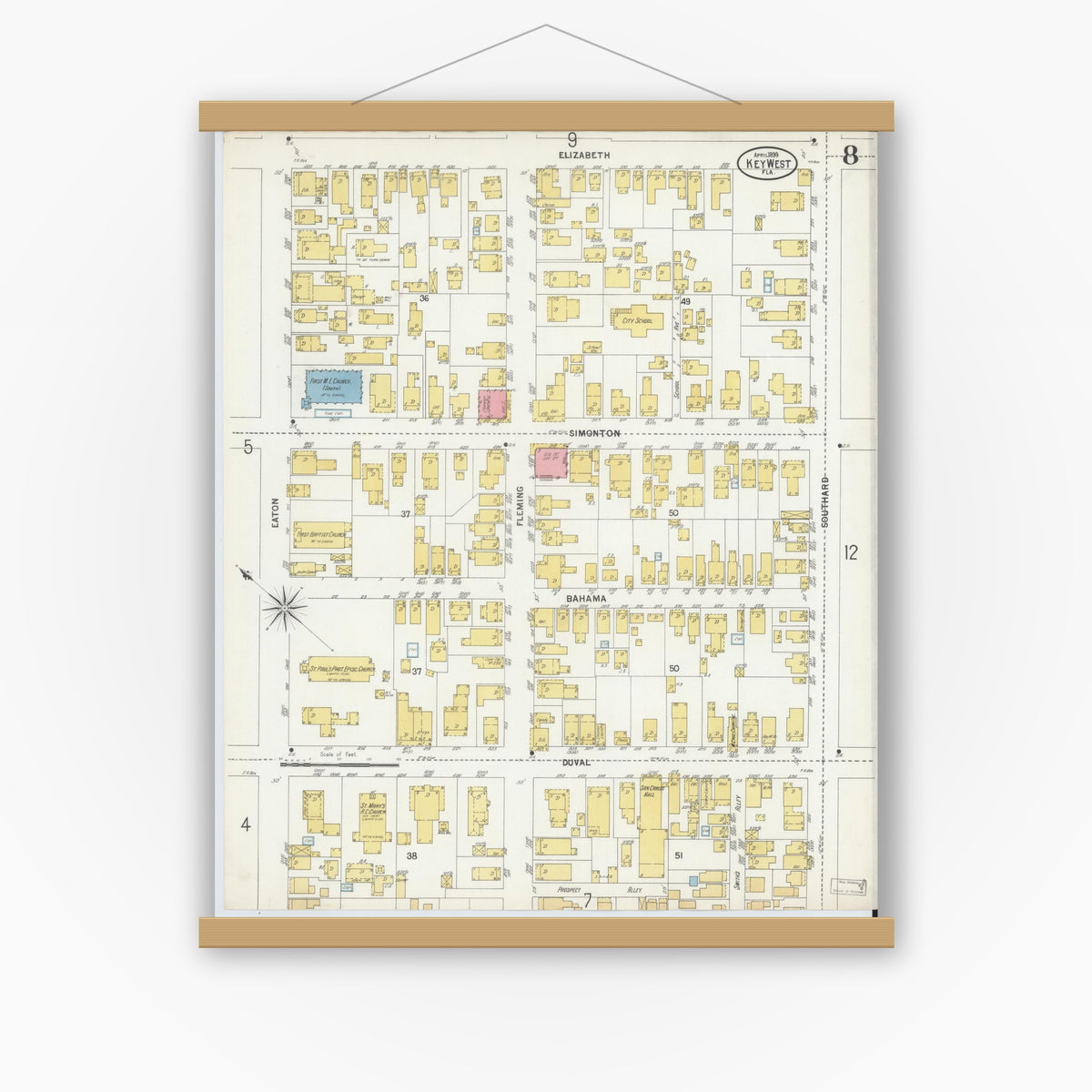 Old map wall art mockup — magnetic wood frame on white wall — Sanborn Fire Insurance Map from Key West, Monroe County, Florida (1899), Sheet #0008