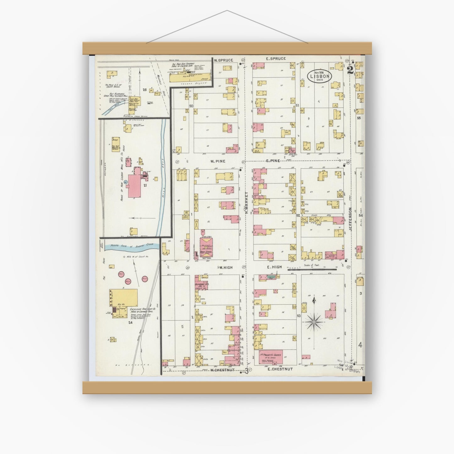 Old map wall art mockup — magnetic wood frame on white wall — Sanborn Fire Insurance Map from Lisbon, Columbiana County, Ohio (1898), Sheet #0002