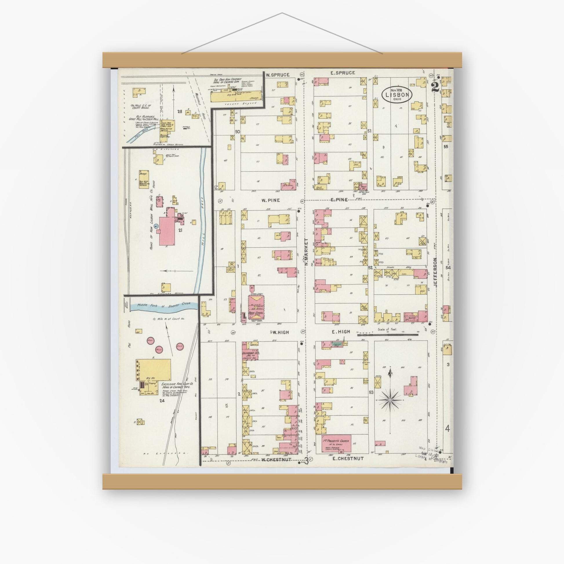 Old map wall art mockup — magnetic wood frame on white wall — Sanborn Fire Insurance Map from Lisbon, Columbiana County, Ohio (1898), Sheet #0002
