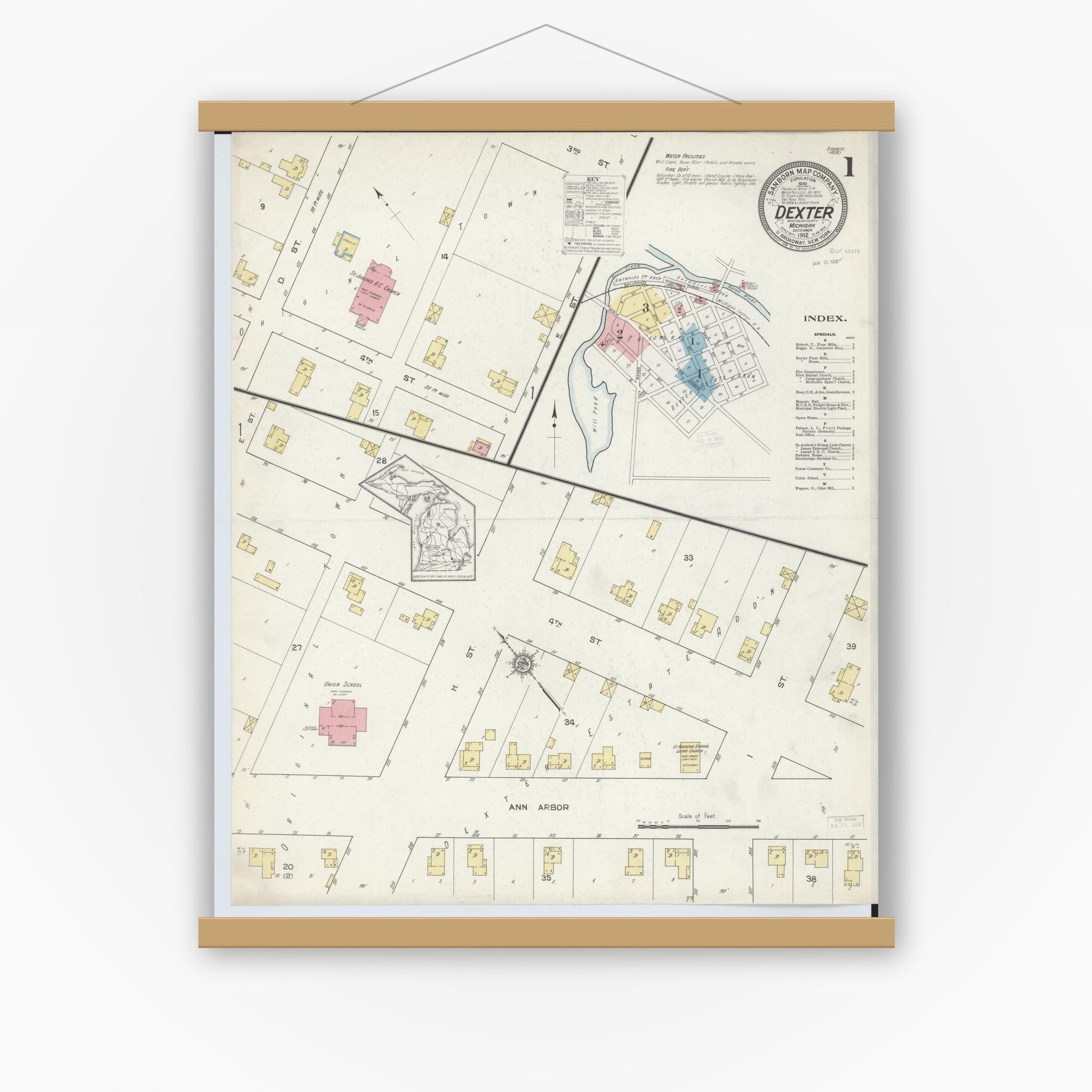 Old map wall art mockup — magnetic wood frame on white wall — Sanborn Fire Insurance Map from Dexter, Washtenaw County, Michigan (1912), Sheet #0001