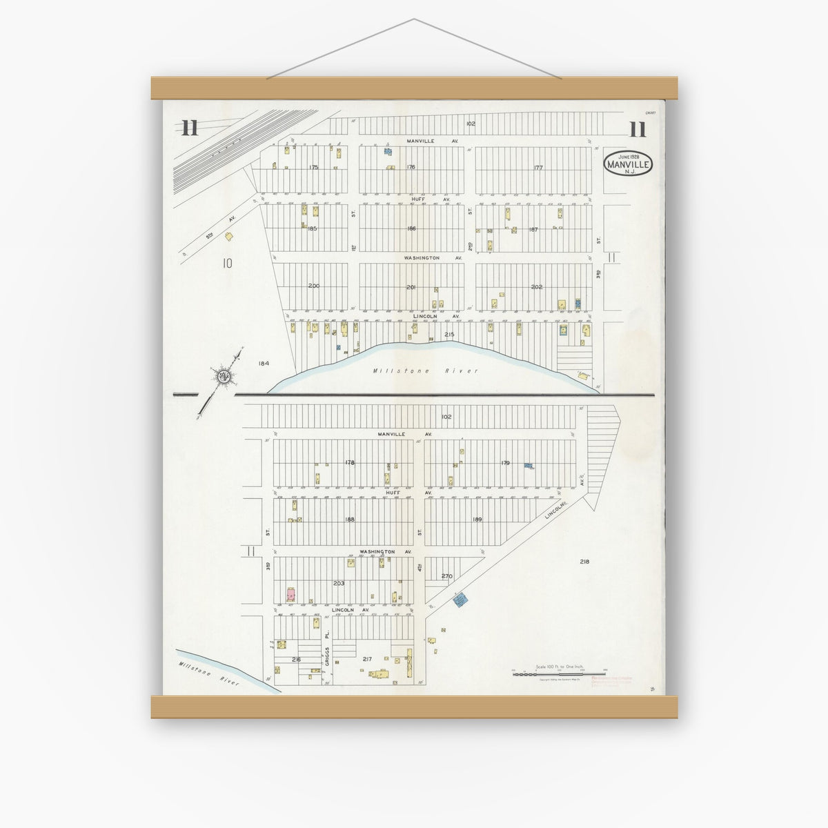 Old map wall art mockup — magnetic wood frame on white wall — Sanborn Fire Insurance Map from Manville, Somerset County, New Jersey (1928), Sheet #0011