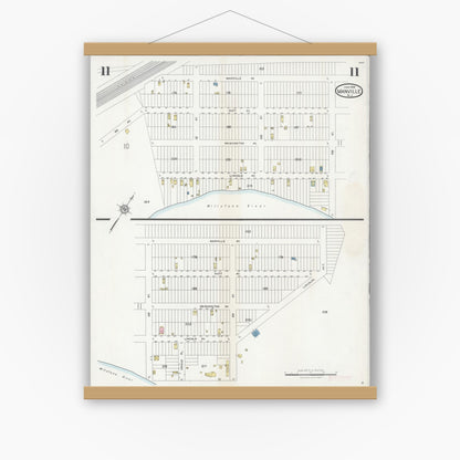 Old map wall art mockup — magnetic wood frame on white wall — Sanborn Fire Insurance Map from Manville, Somerset County, New Jersey (1928), Sheet #0011