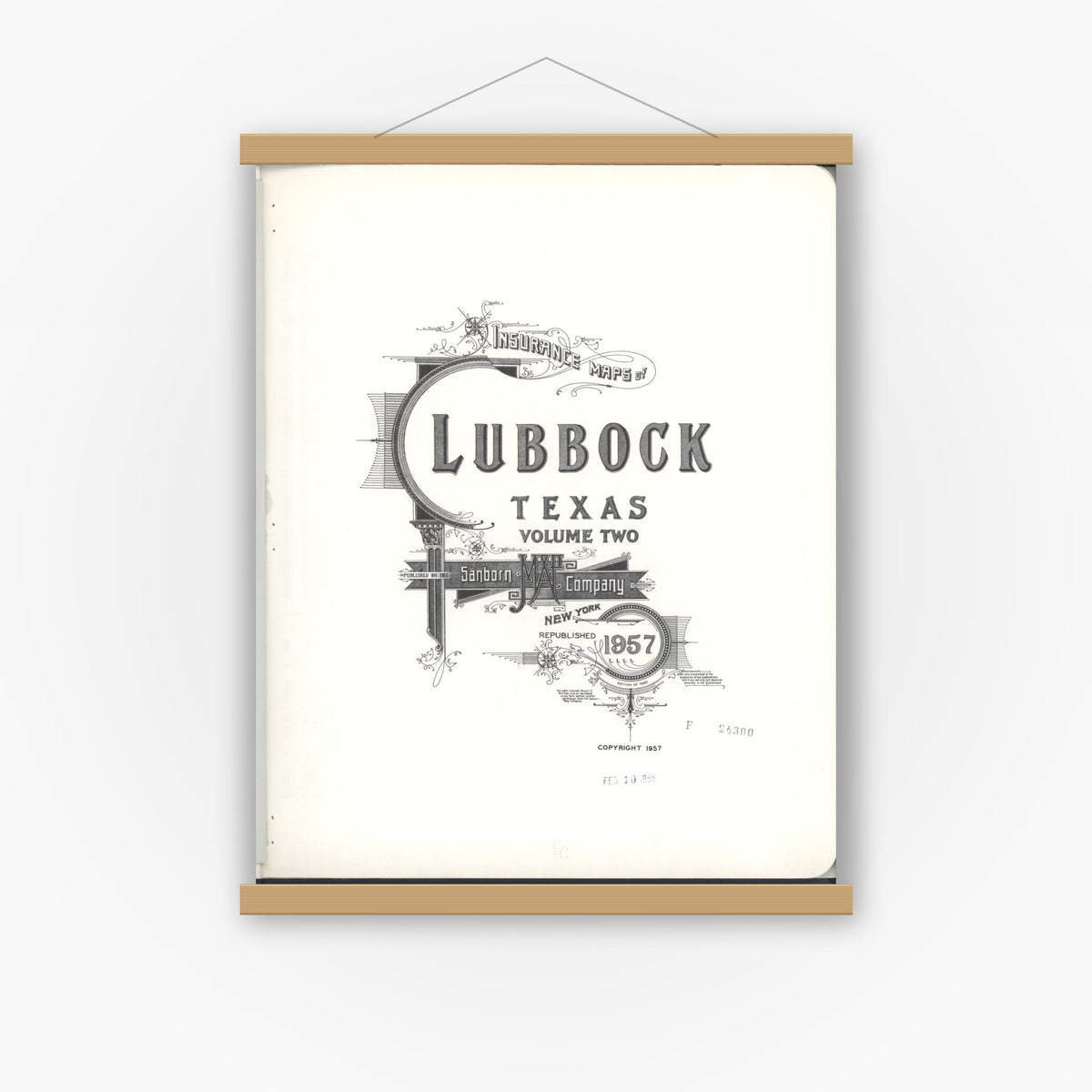 Old map wall art mockup — magnetic wood frame on white wall — Sanborn Fire Insurance Map from Lubbock, Lubbock County, Texas (1957), Sheet #0001