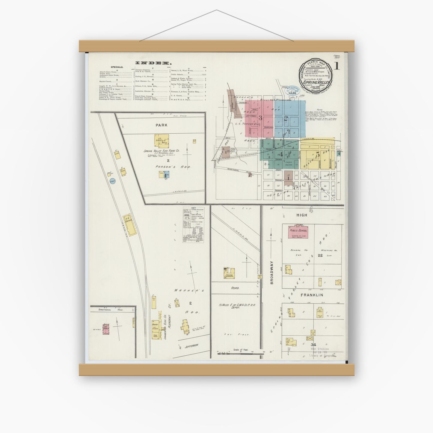 Old map wall art mockup — magnetic wood frame on white wall — Sanborn Fire Insurance Map from Spring Valley, Fillmore County, Minnesota (1894) - Complete Map Set