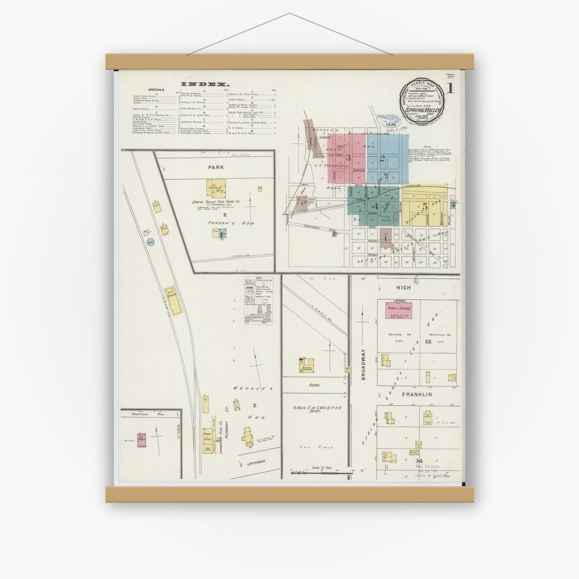 Old map wall art mockup — magnetic wood frame on white wall — Sanborn Fire Insurance Map from Spring Valley, Fillmore County, Minnesota (1894) - Complete Map Set