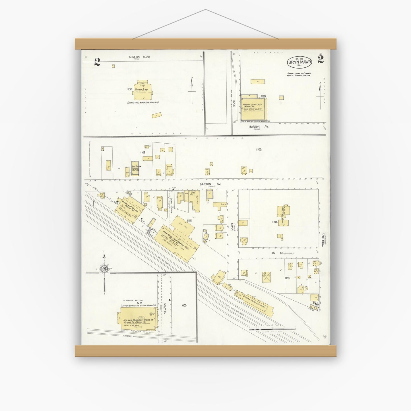 Old map wall art mockup — magnetic wood frame on white wall — Sanborn Fire Insurance Map from Bryn Mawr, San Bernardino County, California (1928), Sheet #0002